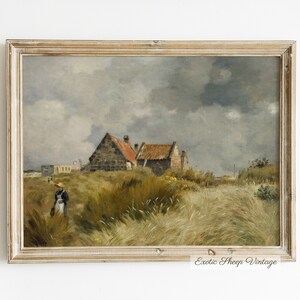 May include: A framed painting depicting a rural landscape with two houses, a figure walking in a field of tall grass, and a cloudy sky.