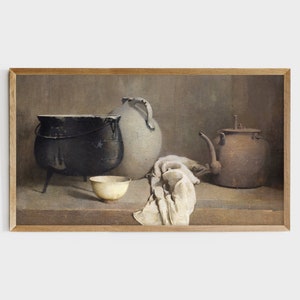May include: A still life painting of a black cast iron pot, a white ceramic pitcher, a brown ceramic teapot, and a white ceramic bowl on a brown surface. The objects are arranged in a triangular shape, with the pot at the bottom and the pitcher and teapot at the top. A white cloth is draped over the pitcher and teapot.