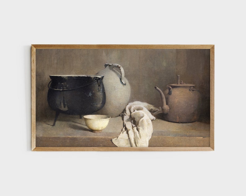 May include: A still life painting of a black cast iron pot, a white ceramic pitcher, a brown ceramic teapot, and a white ceramic bowl on a brown surface. The objects are arranged in a triangular shape, with the pot at the bottom and the pitcher and teapot at the top. A white cloth is draped over the pitcher and teapot.