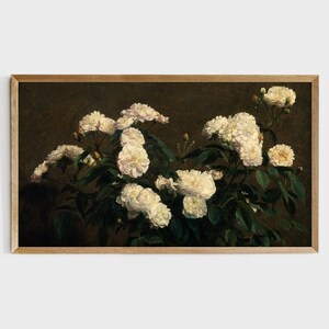 May include: A painting of a bouquet of white roses with green leaves against a dark brown background.