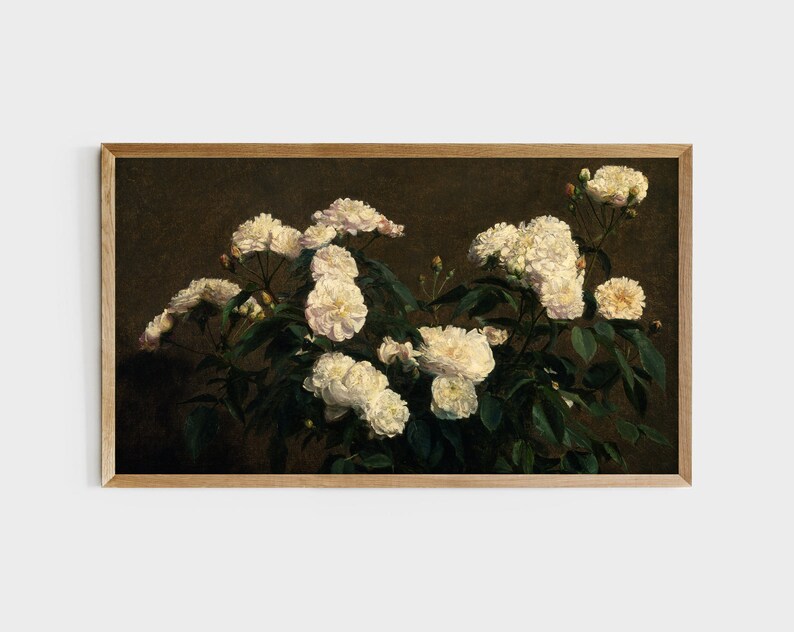 May include: A painting of a bouquet of white roses with green leaves against a dark brown background.