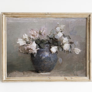 Dusty Pink Roses Oil Painting | Victorian Flower Painting | Vintage Botanical Still Life Print | Rustic European | PRINTABLE Art #37