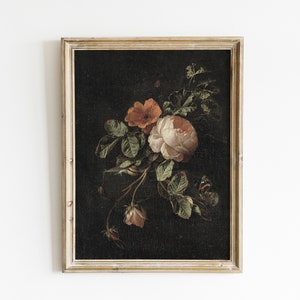 Pode incluir: Uma pintura emoldurada de um buqu&ecirc; de rosas cor-de-rosa e laranja com folhas verdes sobre um fundo escuro.