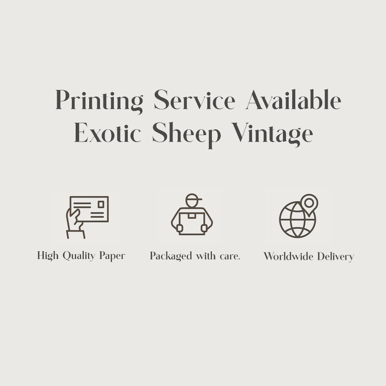 May include: Illustration of three icons representing high quality paper, packaged with care, and worldwide delivery. The text "Printing Service Available Exotic Sheep Vintage" is above the icons.