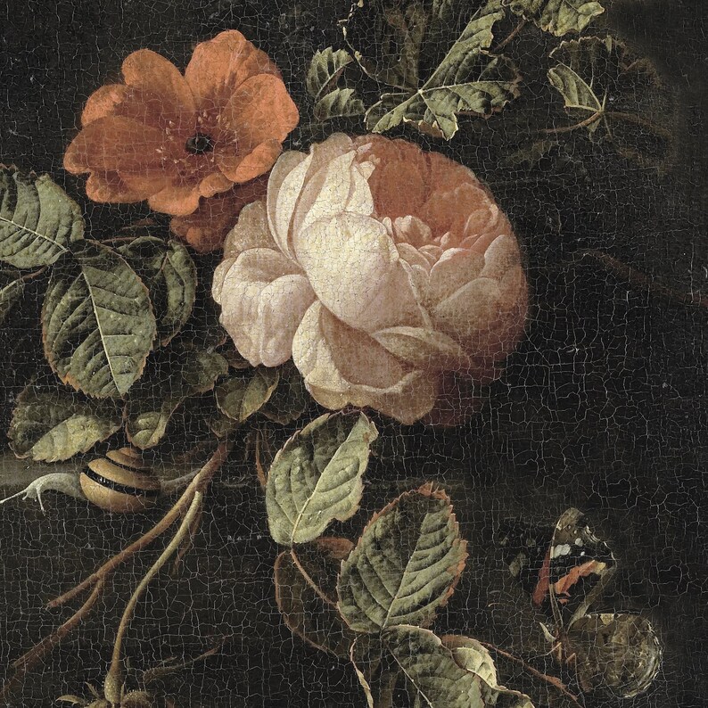 Pode incluir: Uma pintura de natureza morta com uma rosa rosa, uma papoula vermelha e folhas verdes sobre um fundo escuro. A pintura tem um aspeto vintage e antigo.