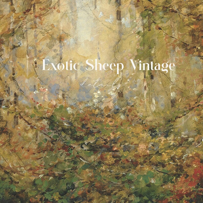 May include: A watercolor painting of a forest scene with a light yellow, green, and brown color scheme. The text "Exotic Sheep Vintage details" is superimposed on the image.
