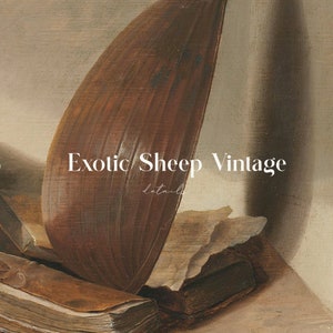 May include: A close-up of a still life painting featuring a brown, dried leaf, a stack of old books, and the text "Exotic Sheep Vintage details".
