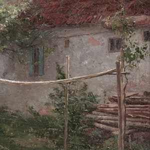 May include: A weathered, gray building with a red roof and a wooden clothesline in front. The building has a blue window and a small, square window. There are wooden planks stacked in the foreground.