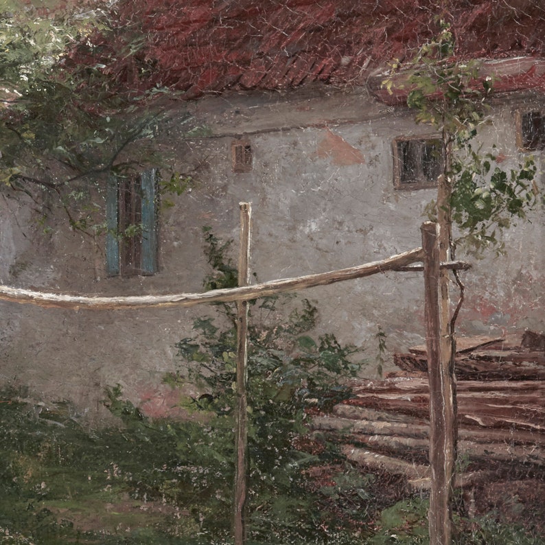 May include: A weathered, gray building with a red roof and a wooden clothesline in front. The building has a blue window and a small, square window. There are wooden planks stacked in the foreground.
