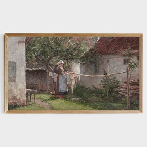 May include: A painting of a woman hanging laundry on a clothesline in a backyard. The woman is wearing a white apron and a white hat. The backyard is surrounded by a white fence and there are trees in the background.