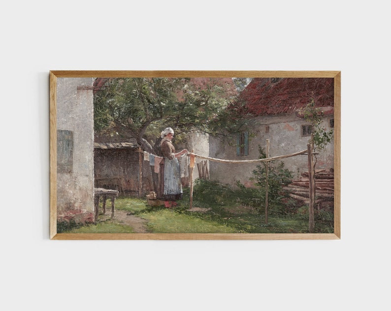 May include: A painting of a woman hanging laundry on a clothesline in a backyard. The woman is wearing a white apron and a white hat. The backyard is surrounded by a white fence and there are trees in the background.