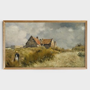 May include: A painting of a rural landscape with two stone houses with red tile roofs. A woman in a black dress and a straw hat walks through a field of tall grass.