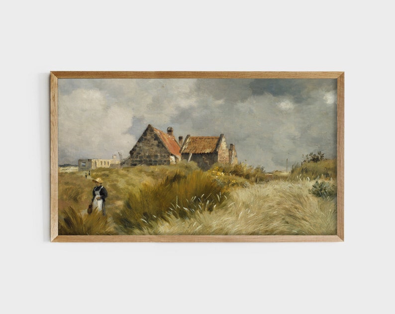 May include: A painting of a rural landscape with two stone houses with red tile roofs. A woman in a black dress and a straw hat walks through a field of tall grass.