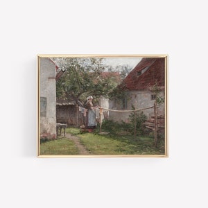 May include: A painting of a woman hanging laundry outside a white building with a red roof. The woman is wearing a white apron and a white cap. The building is surrounded by trees and bushes.
