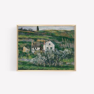 May include: A painting depicting a landscape with a white house and green trees in the foreground. The house is surrounded by trees and there are rolling hills in the background.