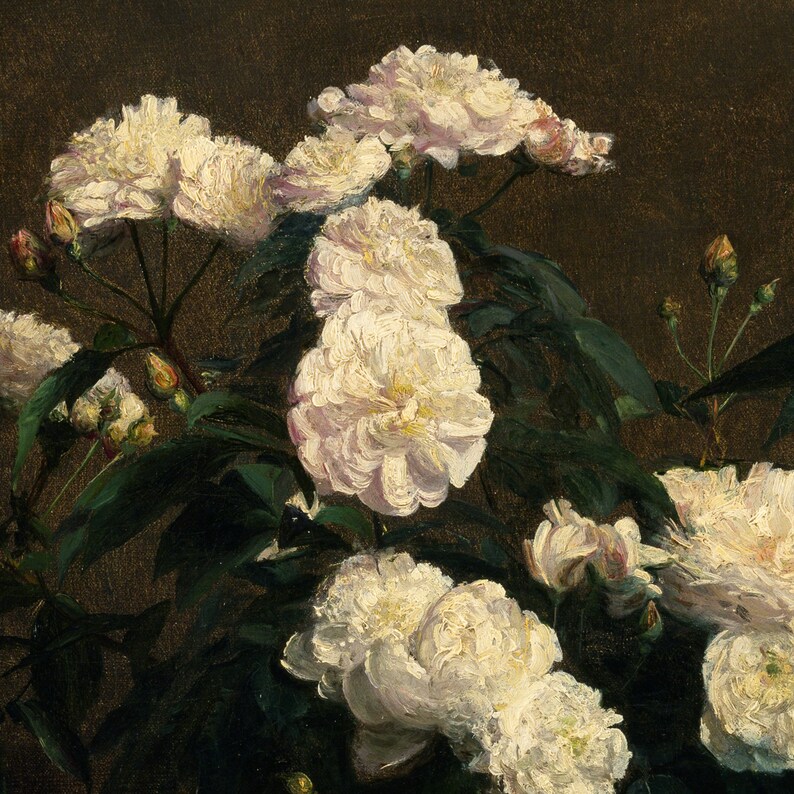 May include: A painting of white roses with green leaves against a dark brown background.