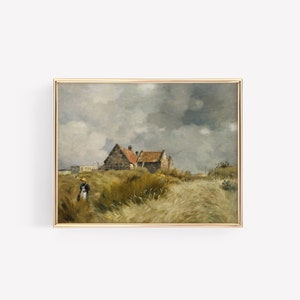 May include: A painting of a rural landscape with two stone houses with red tile roofs. The houses are set against a backdrop of rolling hills and a cloudy sky. A lone figure walks along a path in the foreground.