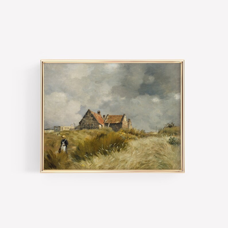 May include: A painting of a rural landscape with two stone houses with red tile roofs. The houses are set against a backdrop of rolling hills and a cloudy sky. A lone figure walks along a path in the foreground.
