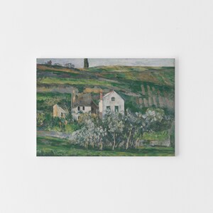 May include: A painting depicting a white farmhouse with a green roof, surrounded by trees and a rolling green hill in the background.
