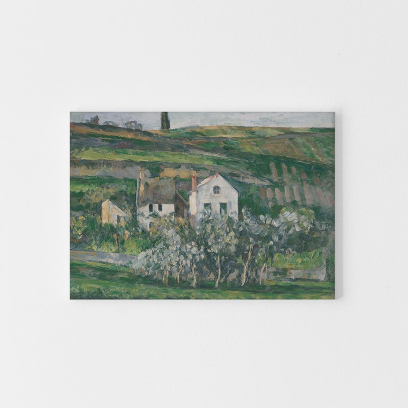 May include: A painting depicting a white farmhouse with a green roof, surrounded by trees and a rolling green hill in the background.