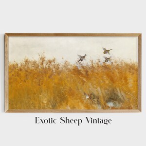 May include: A vintage painting of a field of tall, golden grass with a flock of ducks flying overhead. The ducks are in flight, with their wings spread wide. The painting is framed in a simple wooden frame.
