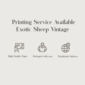 May include: Illustration of three icons representing high quality paper, packaged with care, and worldwide delivery. The text "Printing Service Available Exotic Sheep Vintage" is above the icons.