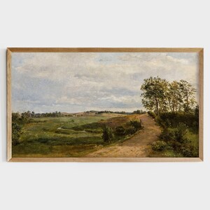 May include: A painting of a rural landscape with a dirt road leading through a field of green grass and trees. The sky is cloudy and blue.