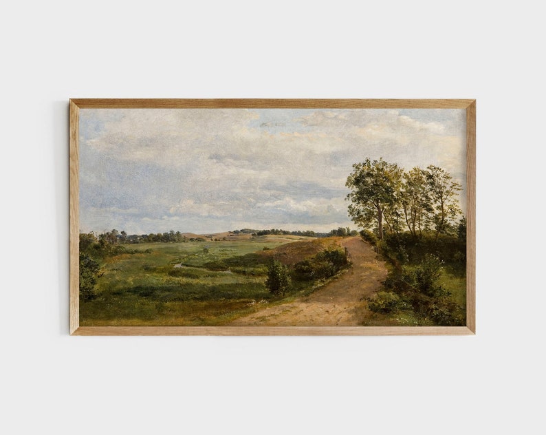 May include: A painting of a rural landscape with a dirt road leading through a field of green grass and trees. The sky is cloudy and blue.