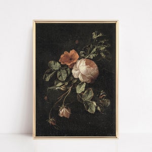 Pode incluir: Uma pintura emoldurada de uma natureza morta com um buqu&ecirc; de rosas cor-de-rosa e laranja com folhas verdes sobre um fundo escuro.