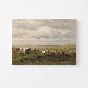 May include: A painting depicting a pastoral scene with a herd of cows resting in a grassy field under a cloudy sky. The cows are various shades of brown, white, and black. The field is green and lush, with a few trees in the distance. The sky is a light blue with white clouds.