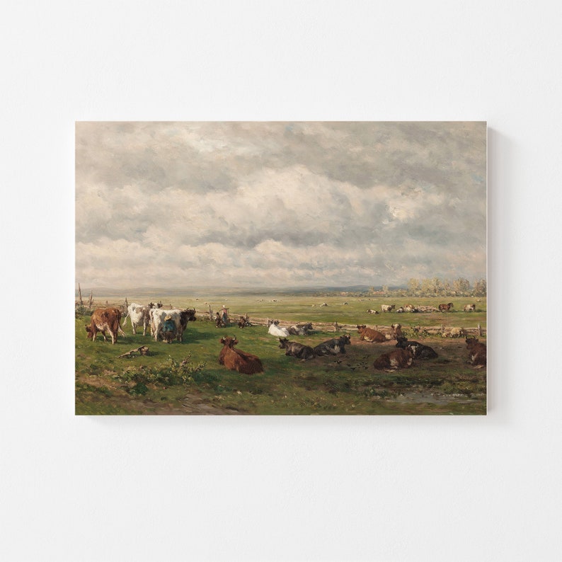 May include: A painting depicting a pastoral scene with a herd of cows resting in a grassy field under a cloudy sky. The cows are various shades of brown, white, and black. The field is green and lush, with a few trees in the distance. The sky is a light blue with white clouds.