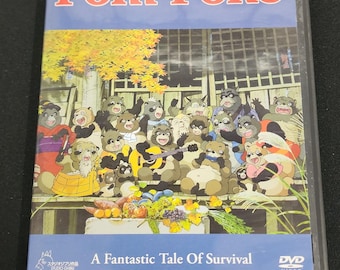 May include: DVD of the animated film "Pom Poko" by Studio Ghibli. The cover features a blue background with the title in large red letters and illustrations of tanuki characters. The text "A Fantastic Tale Of Survival" is also visible.