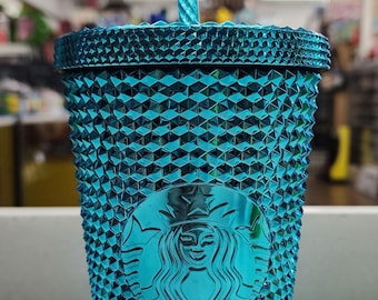 Starbucks Summer Studded Tumbler Chrome Teal Blue 16 oz