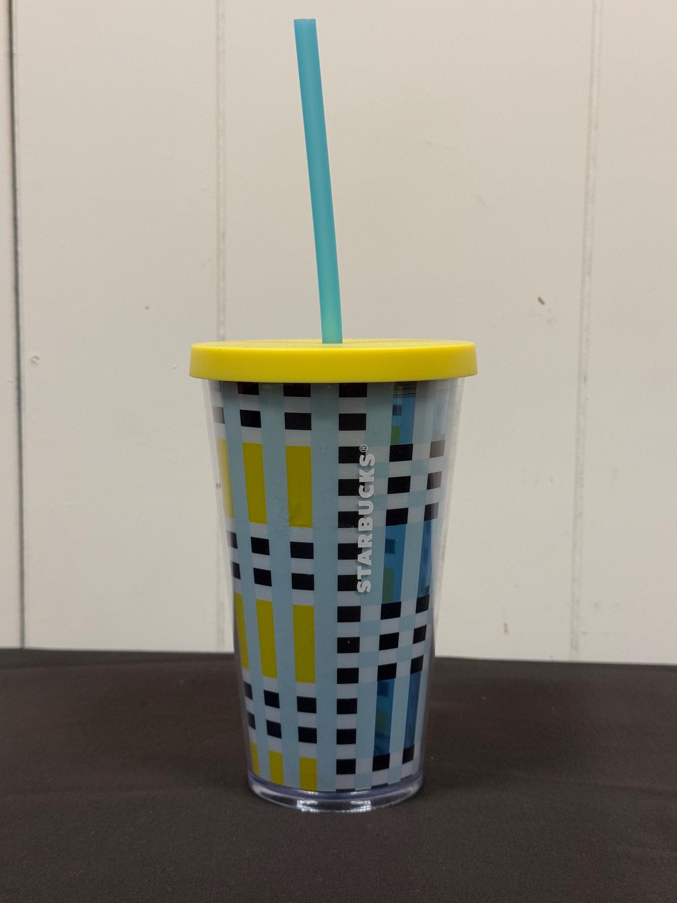 Starbucks blue and yellow plaid plastic cold tumbler 16oz