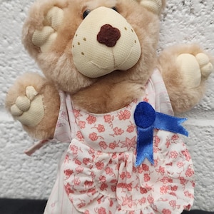 May include: A plush teddy bear with light brown fur, wearing a pink floral dress and a blue ribbon. The bear has a light brown snout and a dark brown nose. The background is a white brick wall.