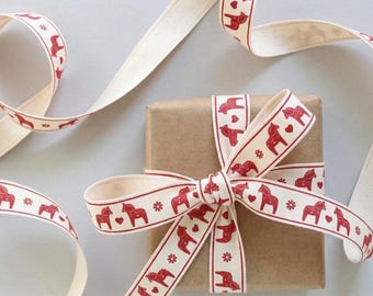 Cotton Dala Horse Ribbon by the Yard Red or Blue Scandinavian Decor Nordic Pattern Grossgrain Ribbon Swedish Folk Art Gift Wrap Eco Friendly