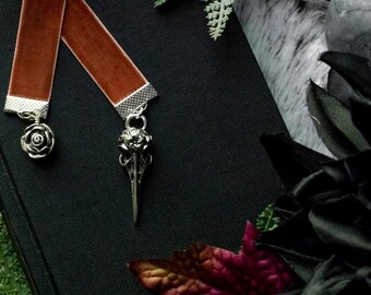 Bird Skull Rose Bookmark, Velvet Ribbon Bookmark, Halloween Bookmark, Gift for Booklover, Gift for Her, Gift for Readers, Fall Bookmark