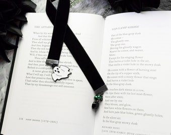 Ghost Bookmark, Black Velvet Ribbon Bookmark, Halloween Bookmark, Gift for Booklover, Gift for Her, Gift for Readers, Fall Bookmark