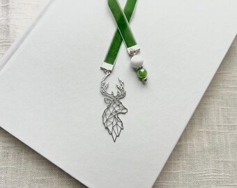 Marcapáginas de cinta de terciopelo con diseño de ciervo y salvia, de acero inoxidable, con forma geométrica de cabeza de ciervo, ideal para amantes de la lectura, para ella o para lectores. Marcapáginas de fantasía.