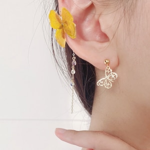 Butterfly Ear Cuff Set，Real Yellow Flower Earrings，Dainty Earrings Set，Handmade Statement Earrings set，Mismatched Earrings set，