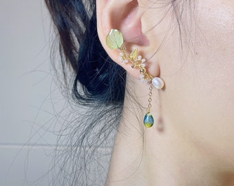 Petal Power Mismatched  Climber Earrings，Boho Style Dangle Drop Earrings, Green Statement Earrings, Dainty Asymmetrical Earrings