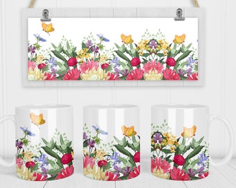11 & 15 Oz Summer Flowers Sublimation Template - Cricut Mug Press Sublimation Wrap - Mug PNG - 300 DPI