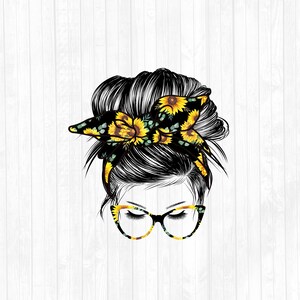 Sunflower Messy Bun Hair Sublimation Design - Sunglasses Hairband PNG - Commercial Use Ok - 300 DPI - Blank