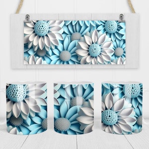 3D Blue White Flower Mug - 11 Oz Mug - 15 Oz Mug - Sublimation Design - Cricut Mug Press - Sublimation Wrap - Coffee Cup Design - 300 DPI