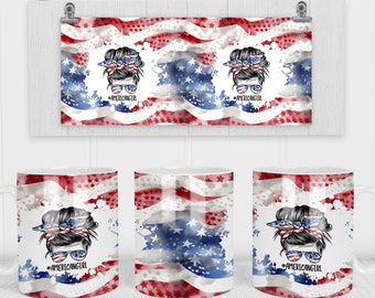 May include: Three white ceramic mugs with a design of an American flag with red, white, and blue colors and a woman with a messy bun wearing sunglasses and a headband with the text "#americangirl".