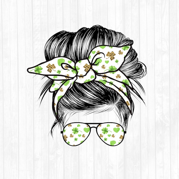 3 Leaf Leopard Clover Messy Bun Hair Sublimation Design - Sunglasses Hairband PNG - Commercial Use Ok - 300 DPI - Blank