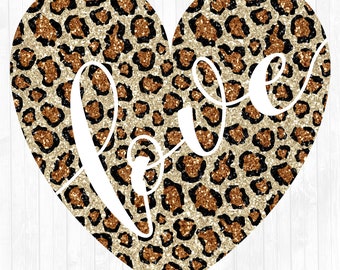 Peut inclure: Un cœur en paillettes dorées avec un motif léopard et le mot "love" écrit en cursive blanche.