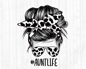 Kuh Print Tante Life Messy Bun Hair Sublimation Design - Sonnenbrillen Haarband PNG - Kommerzielle Nutzung Ok - 300 DPI
