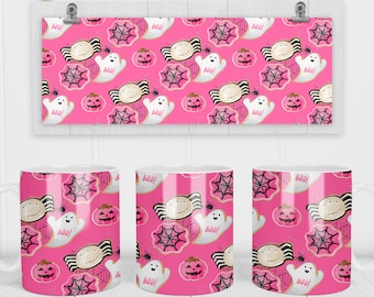 11 & 15 Oz Halloween Hot Pink Ghosts and Spiderwebs Coffee Mug Sublimation Template - Cricut Mug Press Sublimation Wrap - Mug PNG - 300