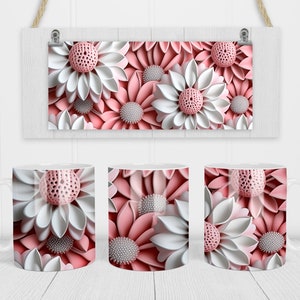 May include: Three white ceramic mugs with a pink and white floral design. The design features 3D-like flowers with pink petals and white centers.